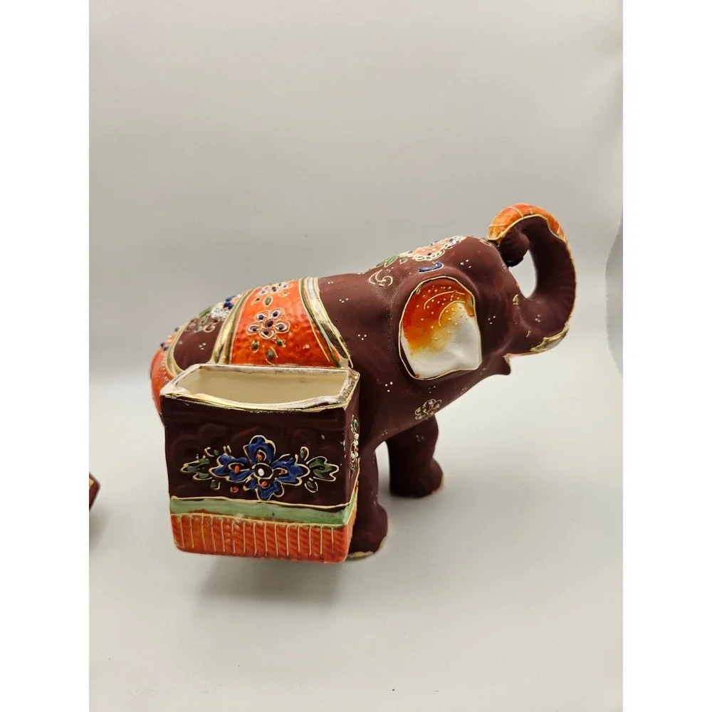 Vintage 1920s Japanese Satsuma Moriage Elephant Ashtray and Cigarette Holder Set